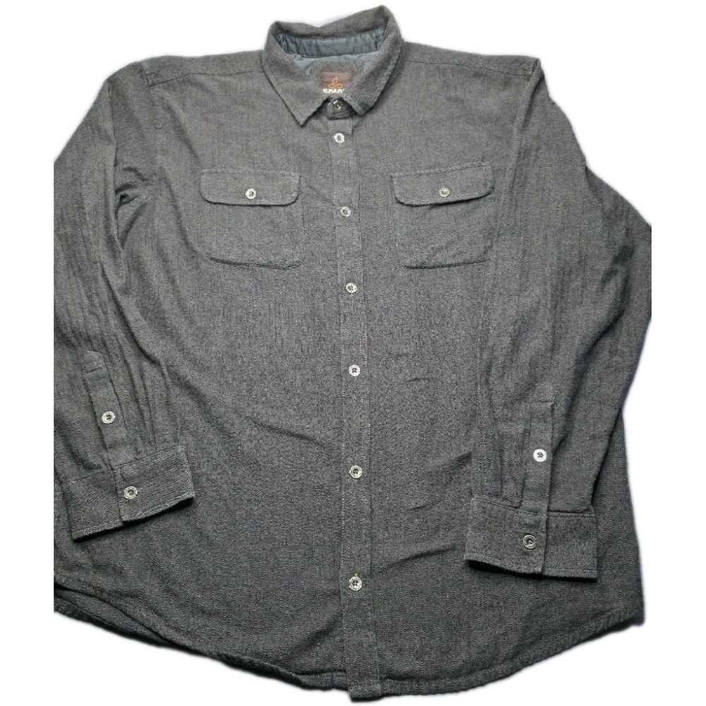 prAna Abergail Shirt Men XXL Gray Herringbone 100% Organic Cotton Heavyweight...